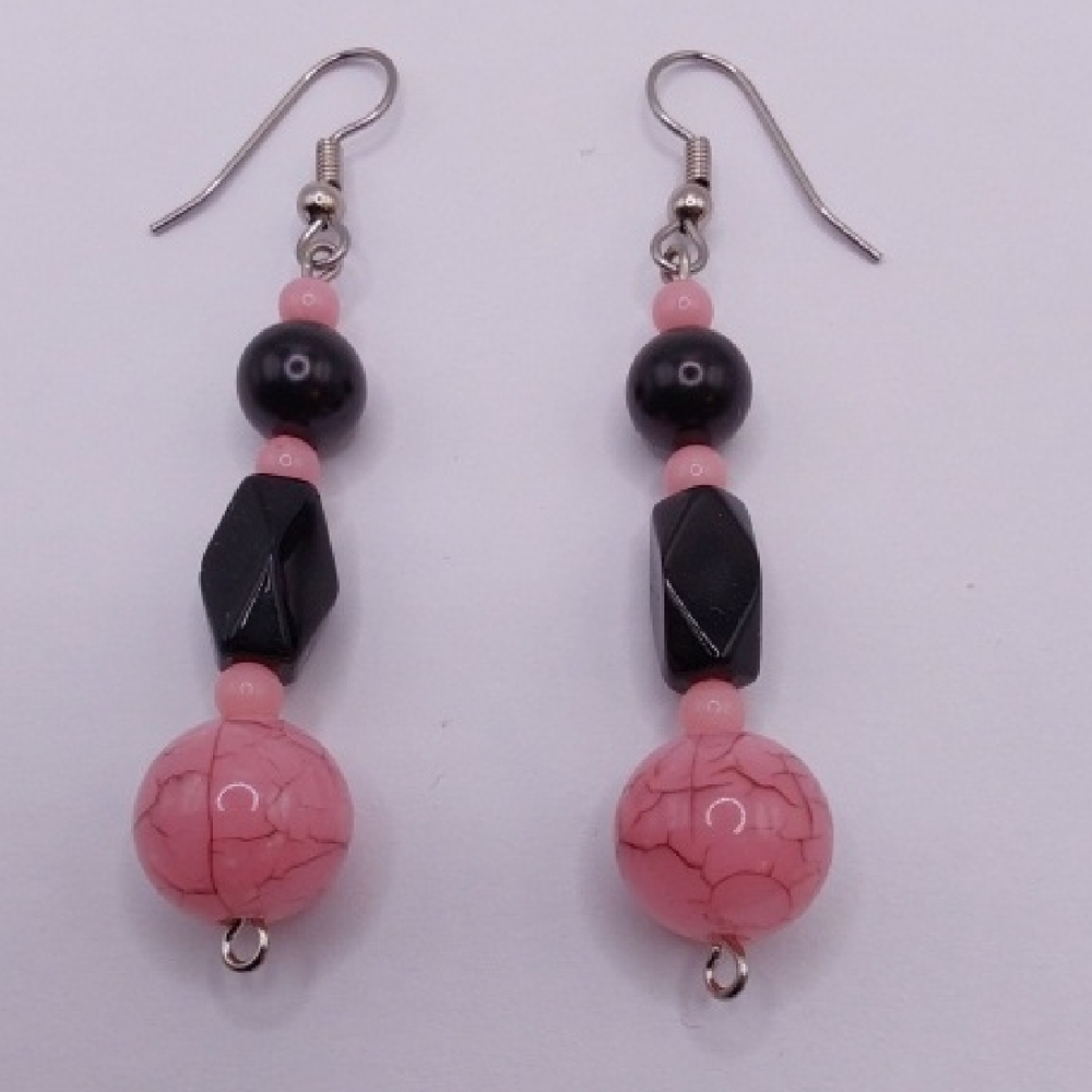 Chic Pink and Black Beaded Earrings